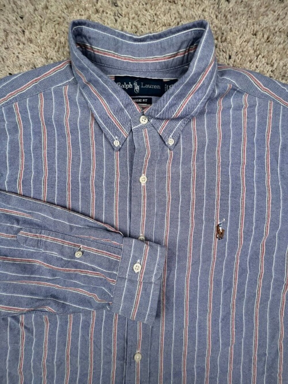 Ralph Lauren Classic Fit Button Up Shirt Cotton Adult Size XL Orange Blue Stripe
